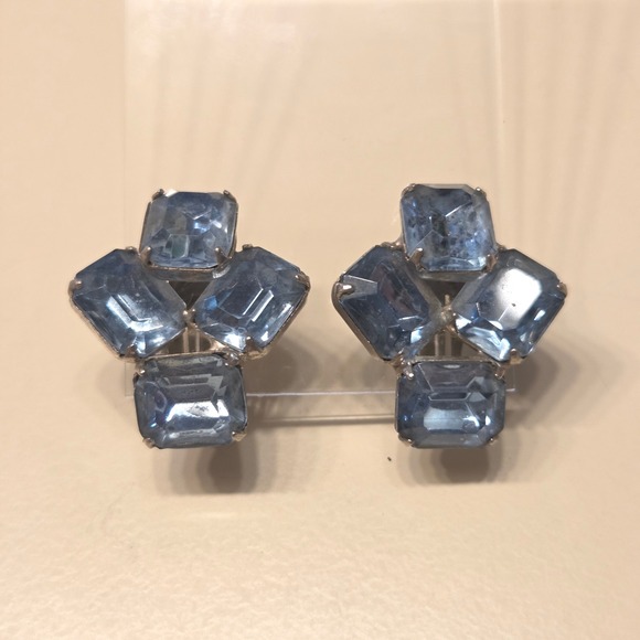 Jewelry - Sparkling Blue Crystal Cluster Earrings Vintage Rhinestone Clip On Mid Century
